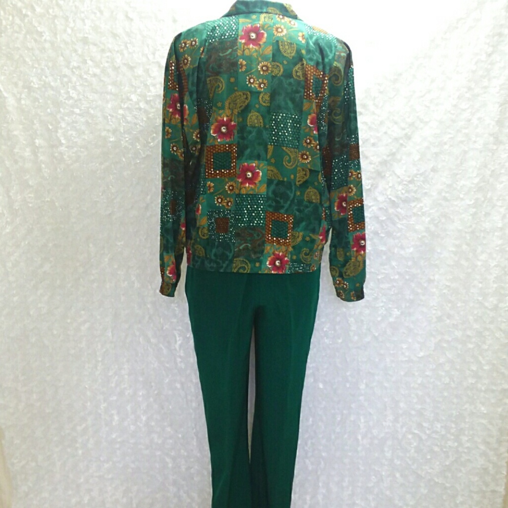 90s Petite Deep Green Floral Jacket Pantsuit - Picture 7 of 8